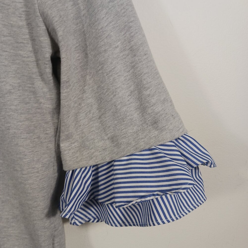 Lauren Ralph Lauren S Casual Gray Top 3/4 Sleeve W/ Navy/White Pinstripe Ruffle - Picture 9 of 15